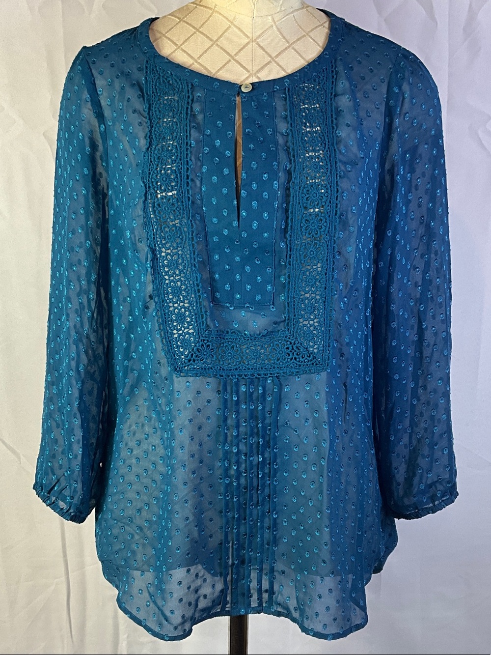 Daniel Rainn Teal Blue Swiss Dot Sheer Lace Peasant Blouse Size Small New